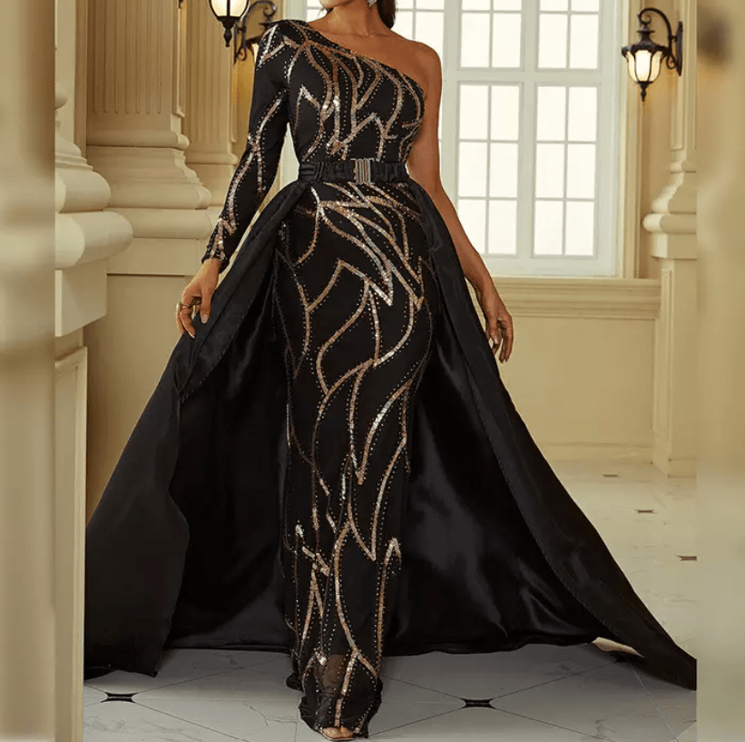 Asymmetrical Sleeve Long Skirt Geometric Detail Evening Gown - Mura Boutique