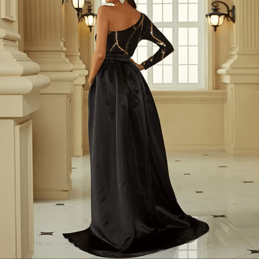 Asymmetrical Sleeve Long Skirt Geometric Detail Evening Gown - Mura Boutique