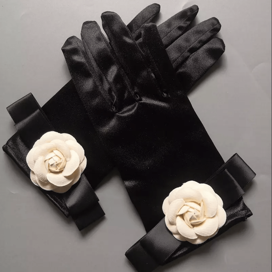 Black Velvet Flower Decor Wedding Gloves - Mura Boutique