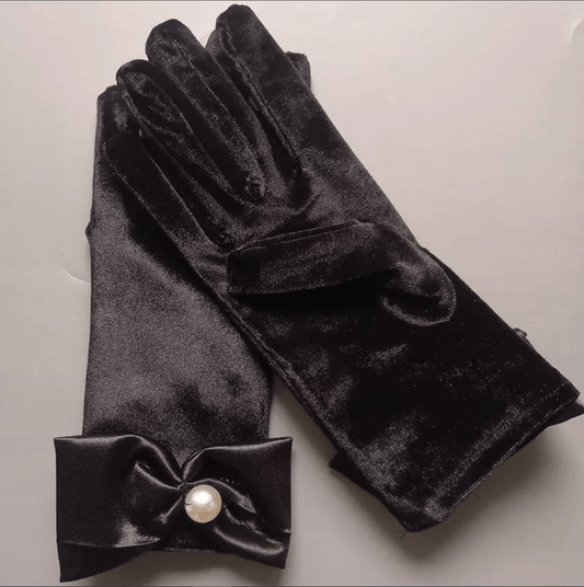 Black Velvet Ribbon Faux Pearl Decor Wedding Gloves - Mura Boutique