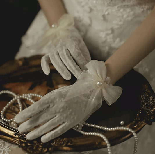 Bow Faux Pearl Decor Wedding Gloves - Mura Boutique