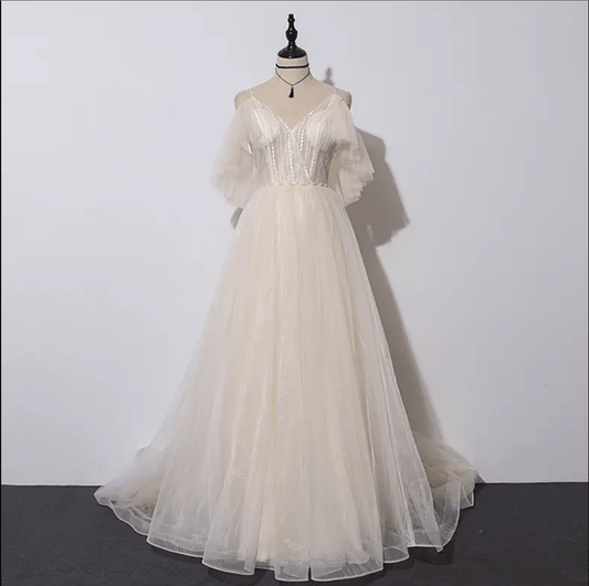 Champagne Sheer Cathedral Train Wedding Dress - Mura Boutique