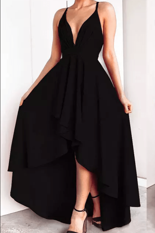 Deep V - Neck High - Low Evening Gown - Mura Boutique