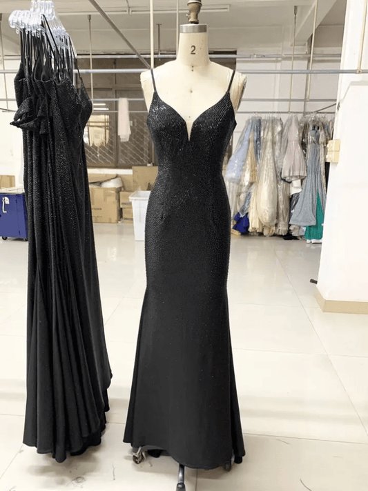 Deep V Neck Satin Beaded Black Rhinestone Evening Gown - Mura Boutique