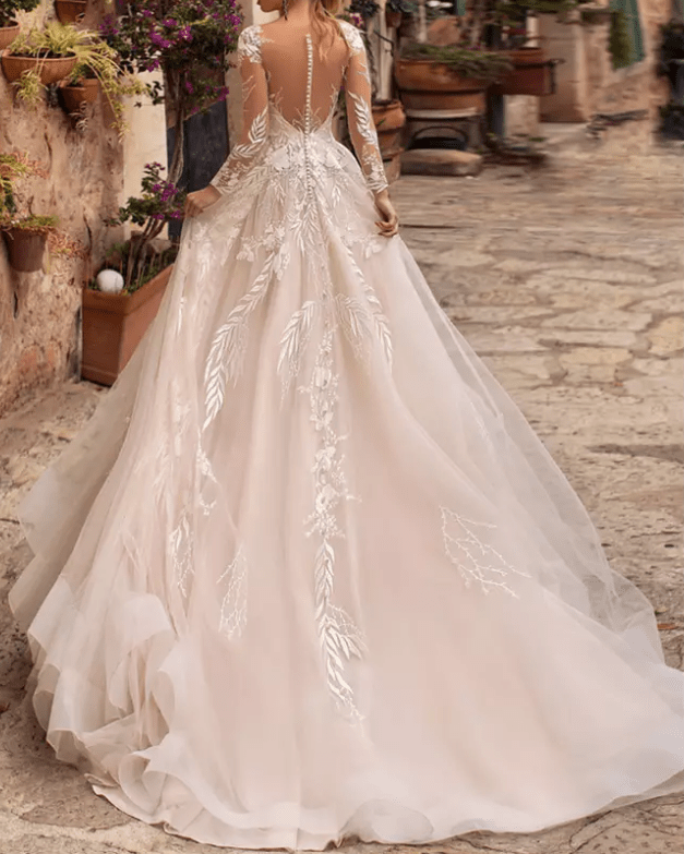 Floral Appliques Long Sleeve Wedding Dress - Mura Boutique