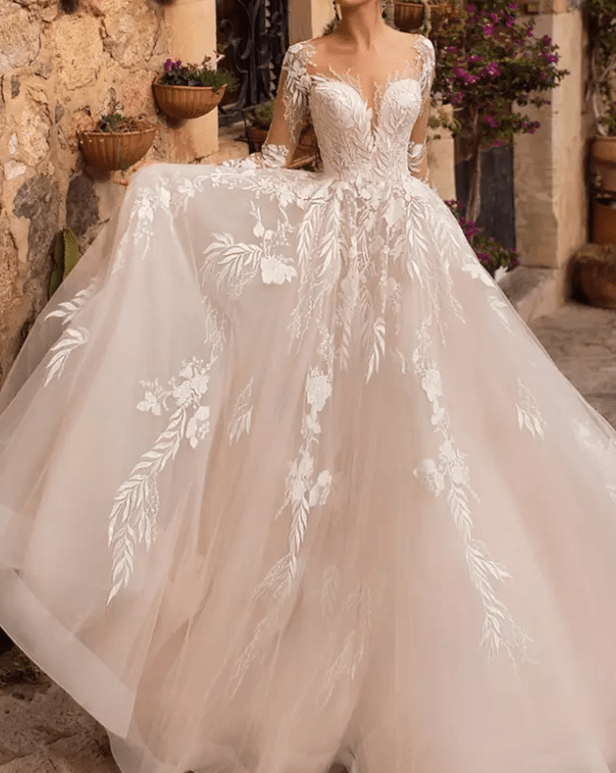 Floral Appliques Long Sleeve Wedding Dress - Mura Boutique