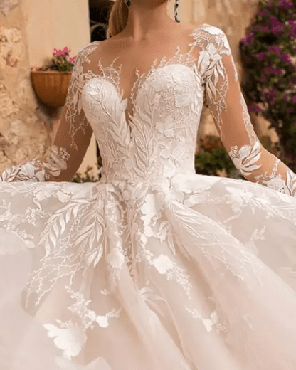 Floral Appliques Long Sleeve Wedding Dress - Mura Boutique