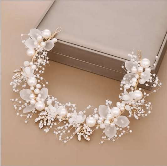 Floral Faux Pearl Beads Wedding Crown - Mura Boutique