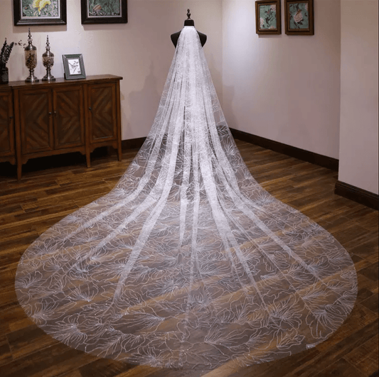 Flower Sequin Extra Long Bridal Veil - Mura Boutique