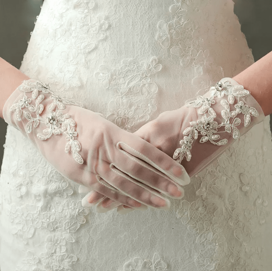 Flower Sewn Wrist Length Wedding Gloves - Mura Boutique