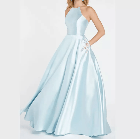 Halter Satin Side Pocket Evening Gown - Mura Boutique