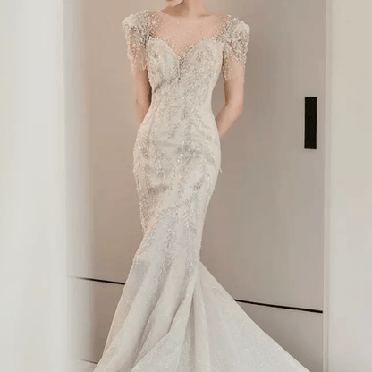 Illusion Sheer Neckline Mermaid Wedding Dress - Mura Boutique