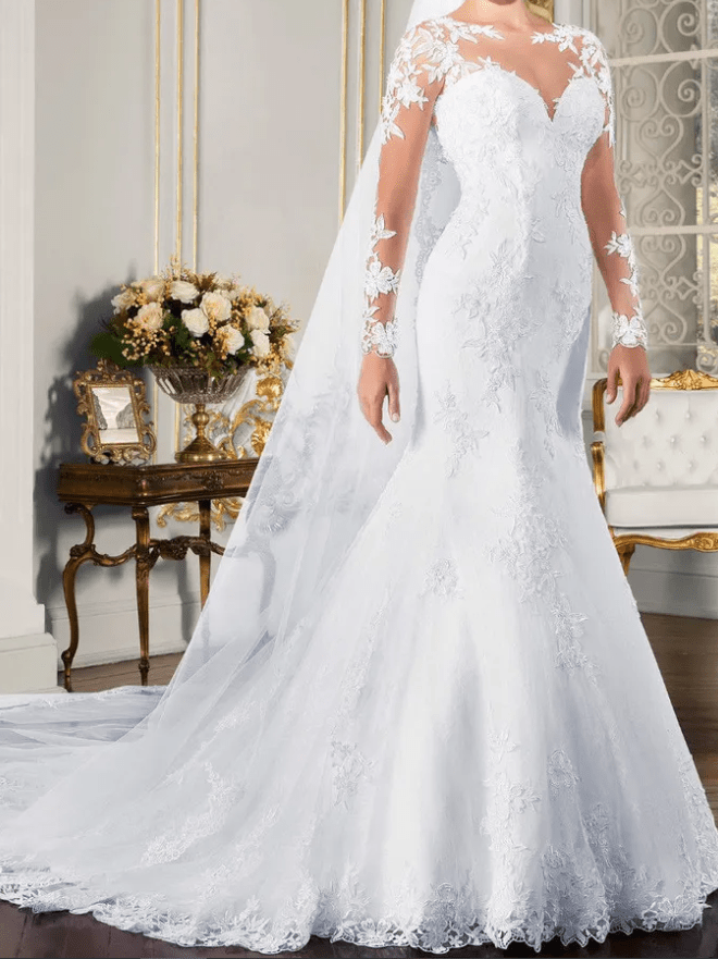 Lace Embroidery Long Sleeve Mesh Sweetheart Wedding Dress - Mura Boutique