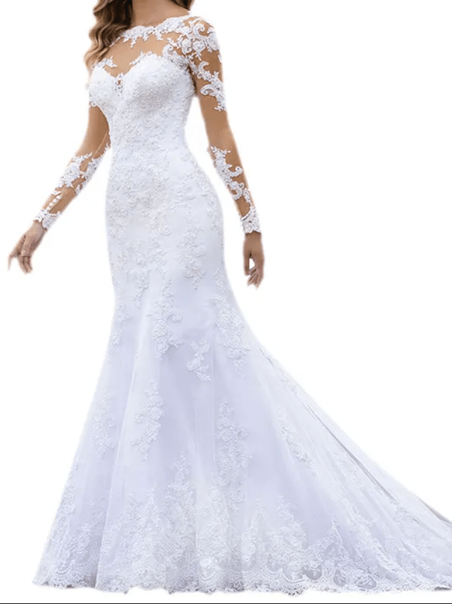 Lace Embroidery Long Sleeve Mesh Sweetheart Wedding Dress - Mura Boutique