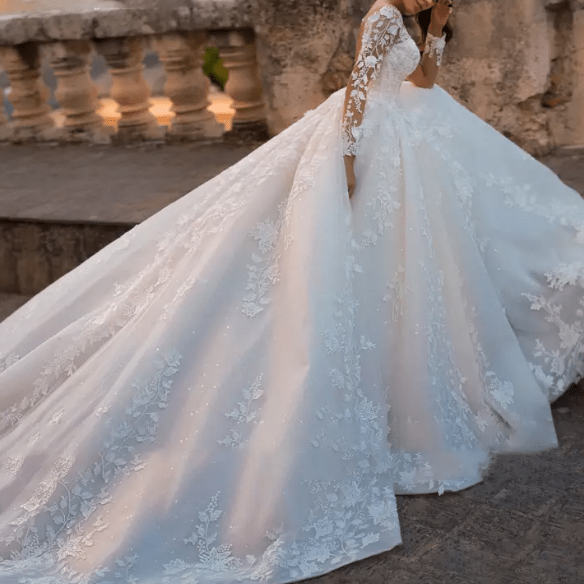 Lace Sleeve Cathedral Train Wedding Dress - Mura Boutique