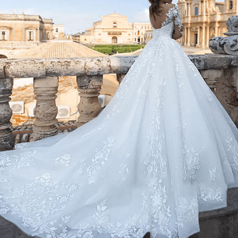 Lace Sleeve Cathedral Train Wedding Dress - Mura Boutique