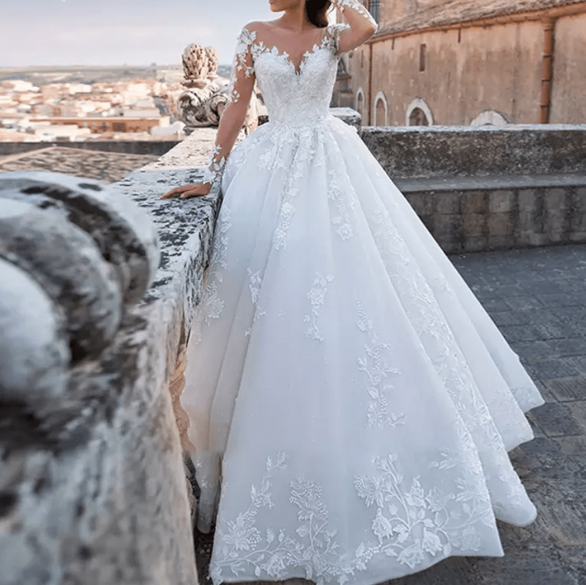 Lace Sleeve Cathedral Train Wedding Dress - Mura Boutique