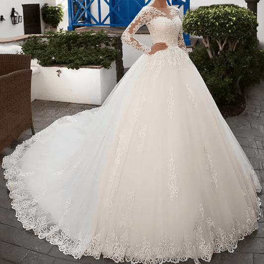 Lace Sleeve Tulle Cathedral Train Wedding Dress - Mura Boutique