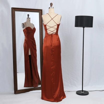 Lace Up Back Satin High Slit Evening Gown - Mura Boutique