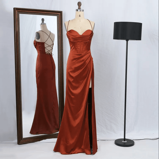 Lace Up Back Satin High Slit Evening Gown - Mura Boutique