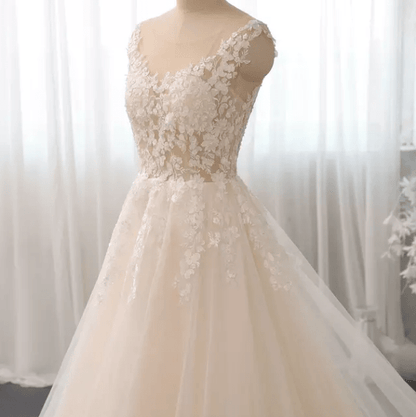 Light Champagne A line Tulle Wedding Dress - Mura Boutique