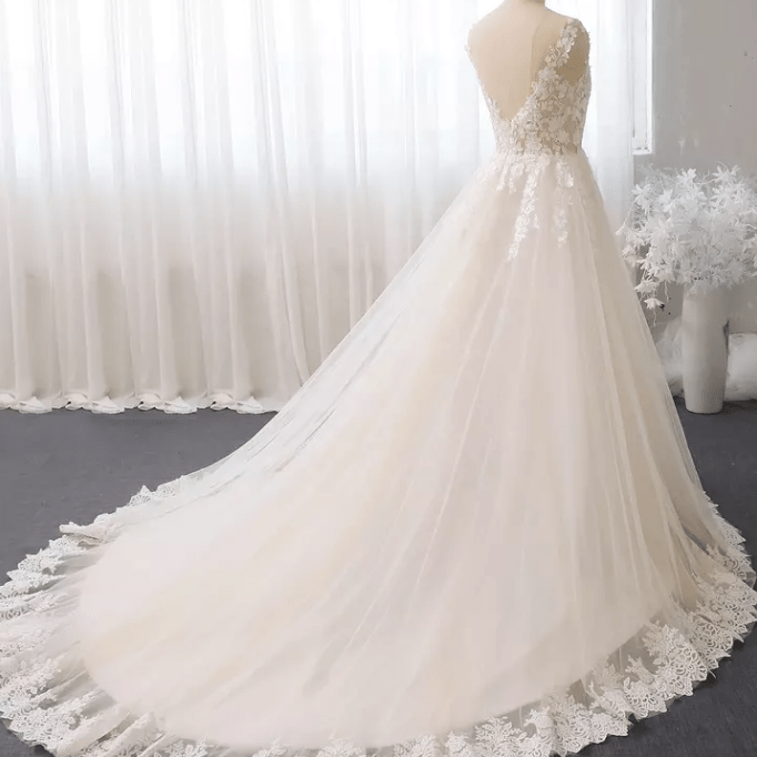 Light Champagne A line Tulle Wedding Dress - Mura Boutique