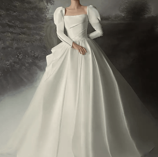 Long Puff Sleeve Satin Cathedral Train Wedding Dress - Mura Boutique