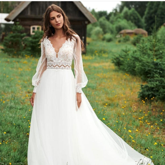 Long Puff Sleeve Simple Wedding Dress - Mura Boutique