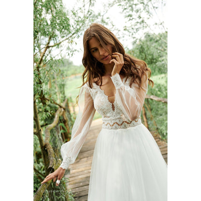 Long Puff Sleeve Simple Wedding Dress - Mura Boutique