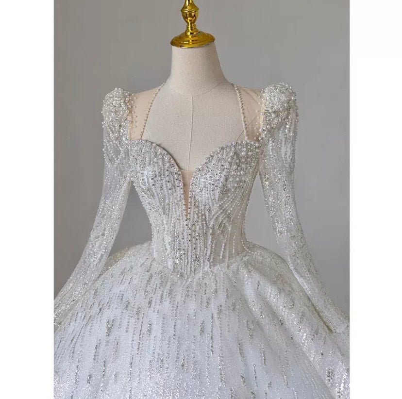 Long Sleeve Butterfly Embroidery Ball Wedding Dress - Mura Boutique