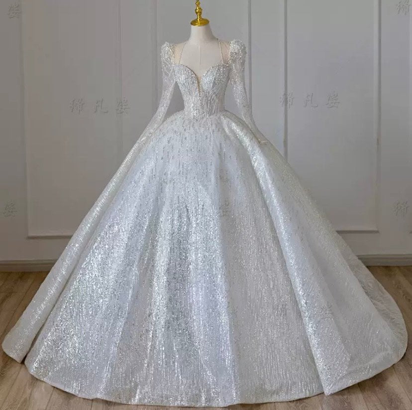 Long Sleeve Butterfly Embroidery Ball Wedding Dress - Mura Boutique