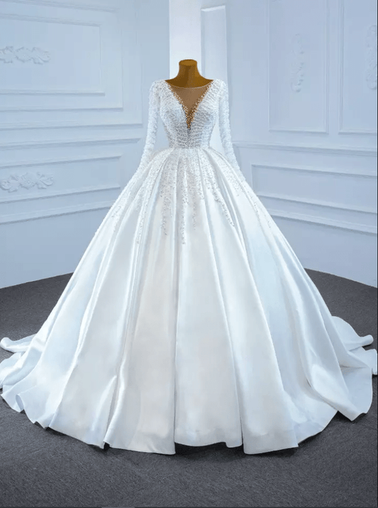 Long Sleeve Deep Neck Beaded Wedding Dress - Mura Boutique