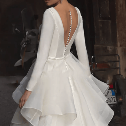 Long Sleeve Deep Neck Ruffle Satin Ball Wedding Dress - Mura Boutique