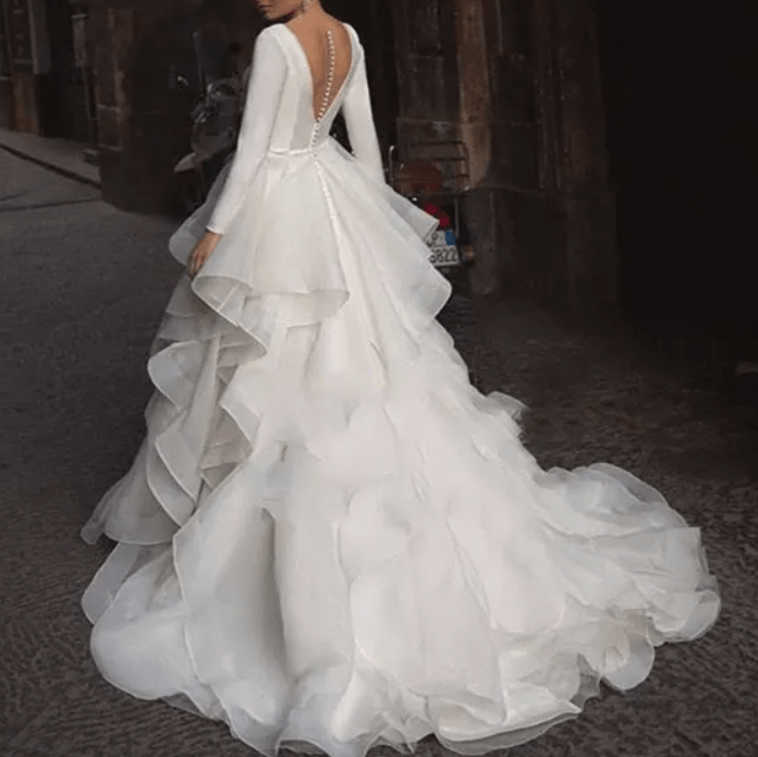 Long Sleeve Deep Neck Ruffle Satin Ball Wedding Dress - Mura Boutique