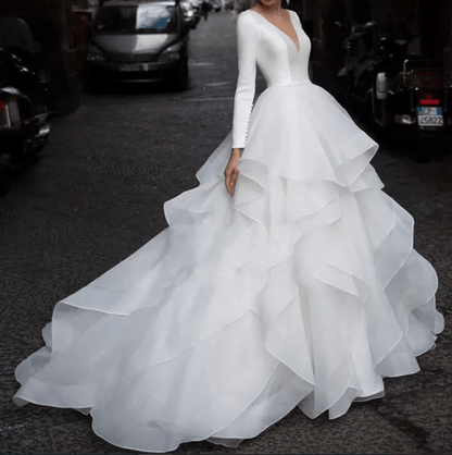 Long Sleeve Deep Neck Ruffle Satin Ball Wedding Dress - Mura Boutique