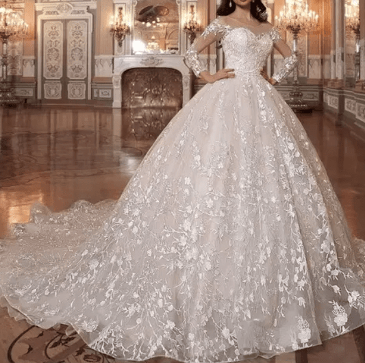 Long Sleeve Floral Detail Ball Wedding Dress - Mura Boutique