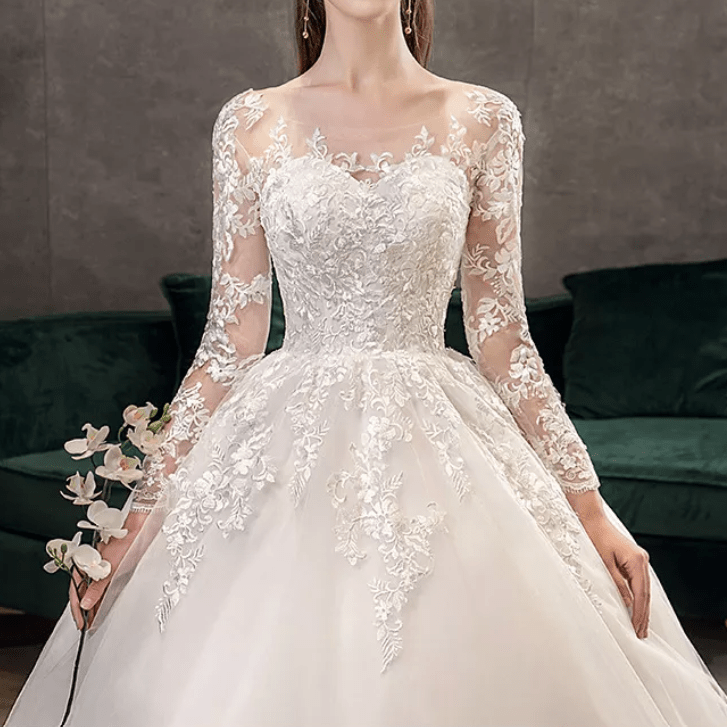 Long Sleeve Floral Lace Cathedral Train Wedding Dress - Mura Boutique