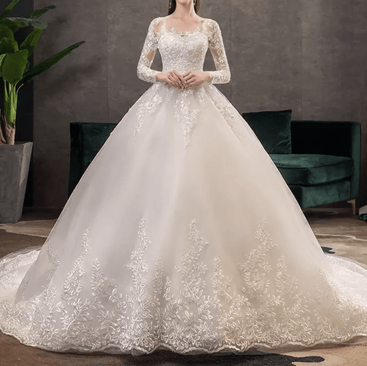 Long Sleeve Floral Lace Cathedral Train Wedding Dress - Mura Boutique