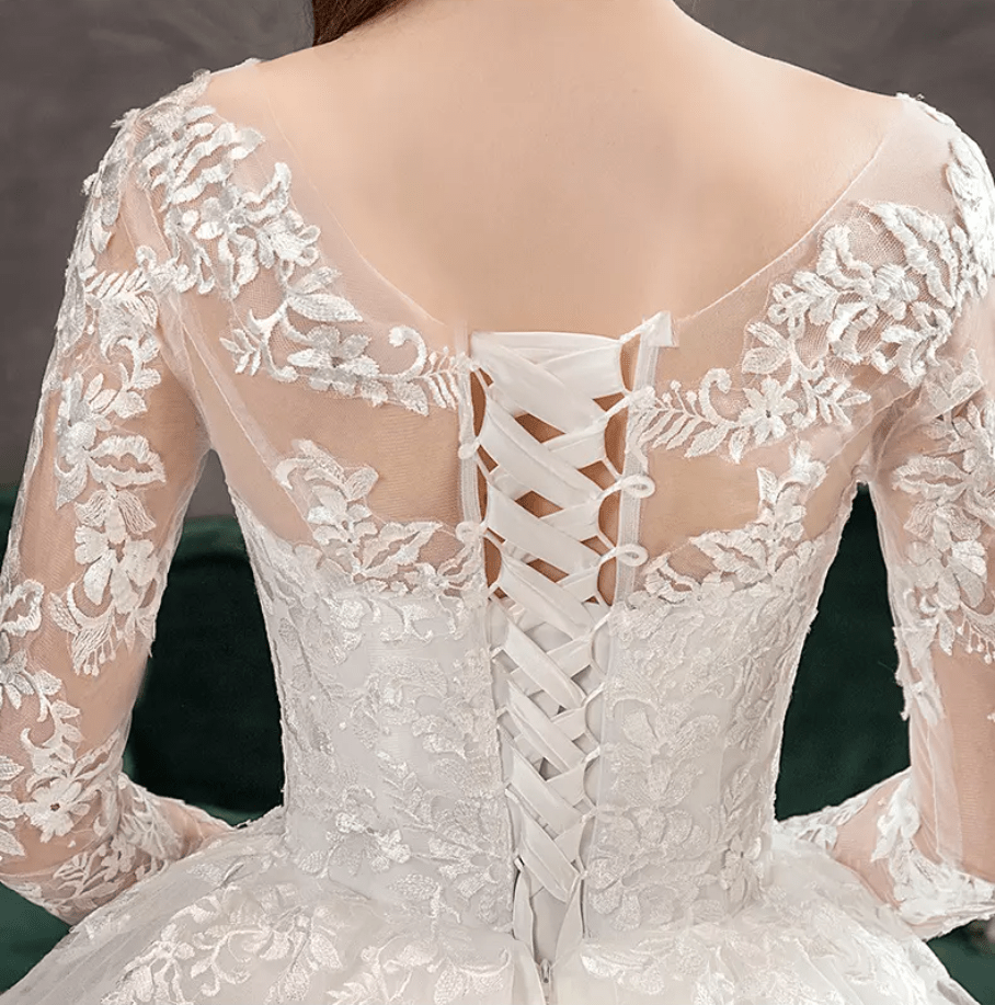 Long Sleeve Floral Lace Cathedral Train Wedding Dress - Mura Boutique