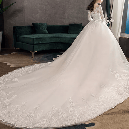 Long Sleeve Floral Lace Cathedral Train Wedding Dress - Mura Boutique