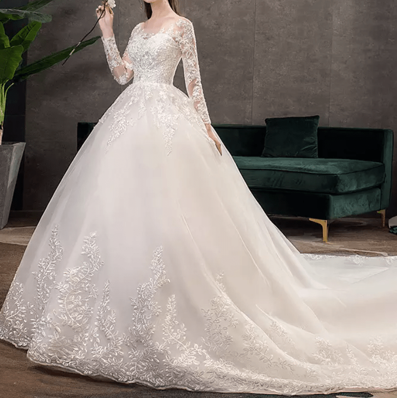 Long Sleeve Floral Lace Cathedral Train Wedding Dress - Mura Boutique