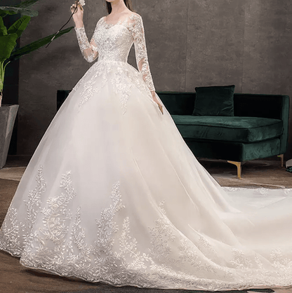 Long Sleeve Floral Lace Cathedral Train Wedding Dress - Mura Boutique