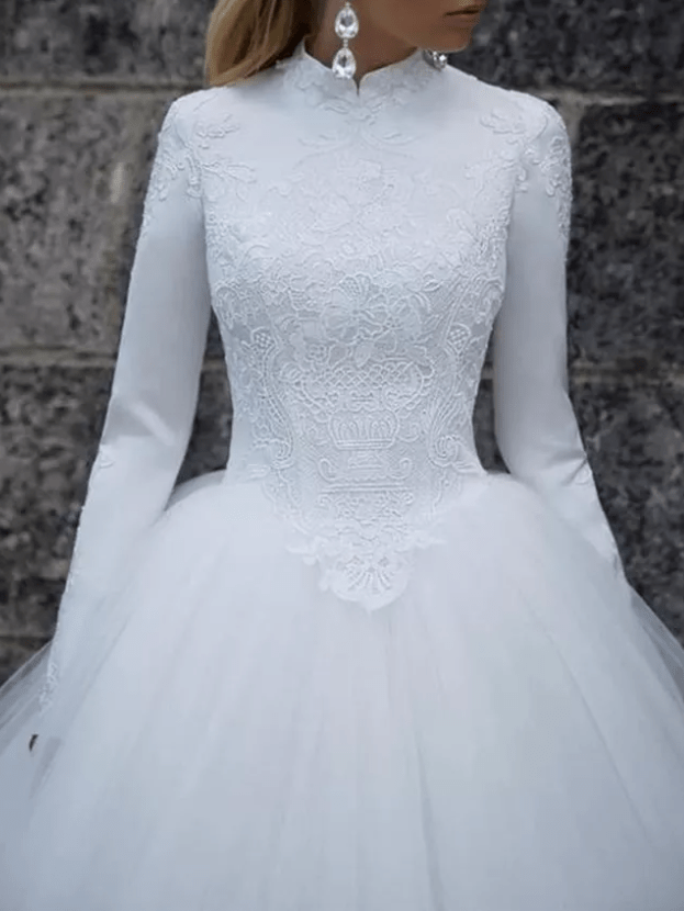 Long Sleeve High Neck Lace Floral Embroidered Wedding Dress - Mura Boutique