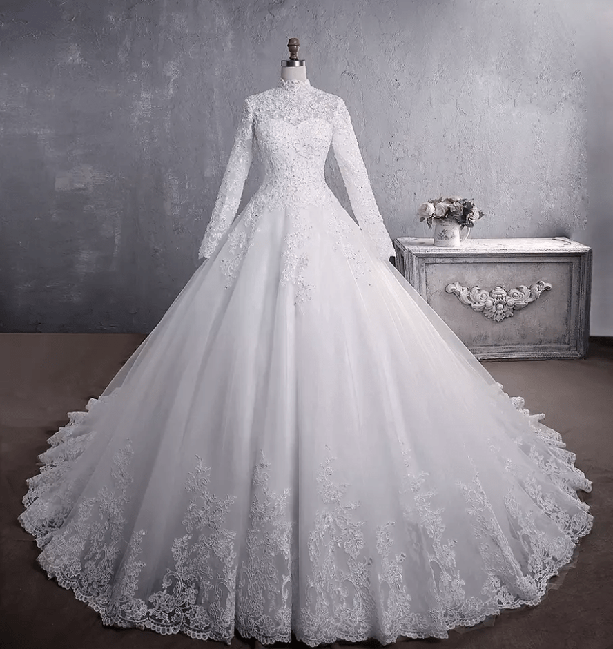 Long Sleeve Lace Floor Length Wedding Dress - Mura Boutique