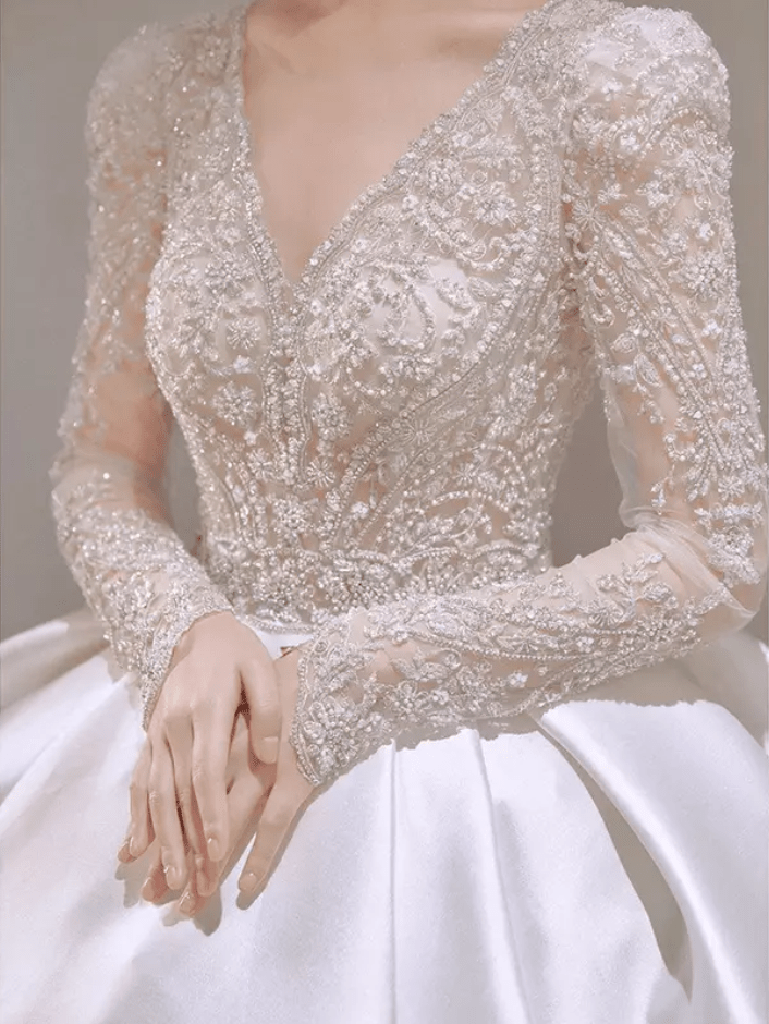 Long Sleeve Lace Satin Cathedral Train Wedding Dress - Mura Boutique