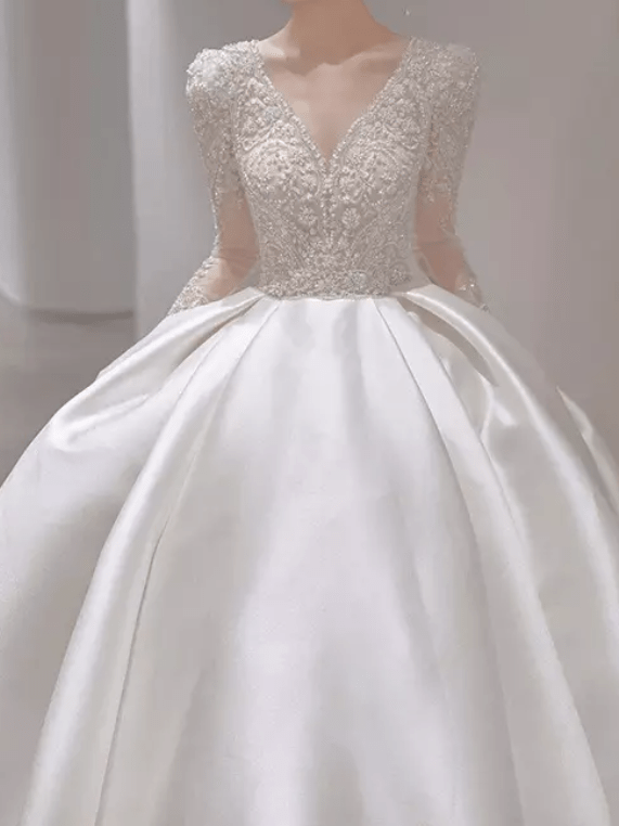 Long Sleeve Lace Satin Cathedral Train Wedding Dress - Mura Boutique