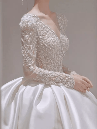 Long Sleeve Lace Satin Cathedral Train Wedding Dress - Mura Boutique