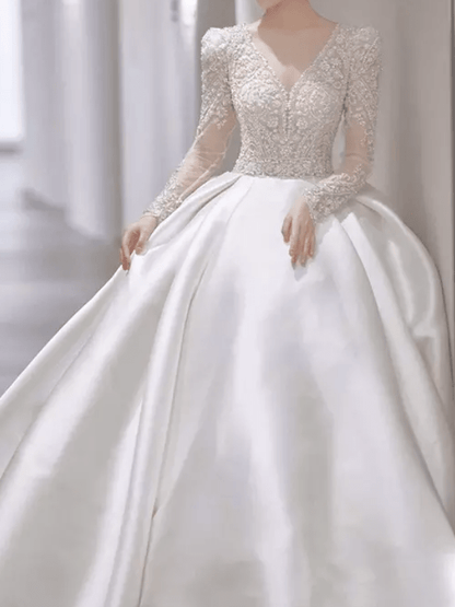 Long Sleeve Lace Satin Cathedral Train Wedding Dress - Mura Boutique