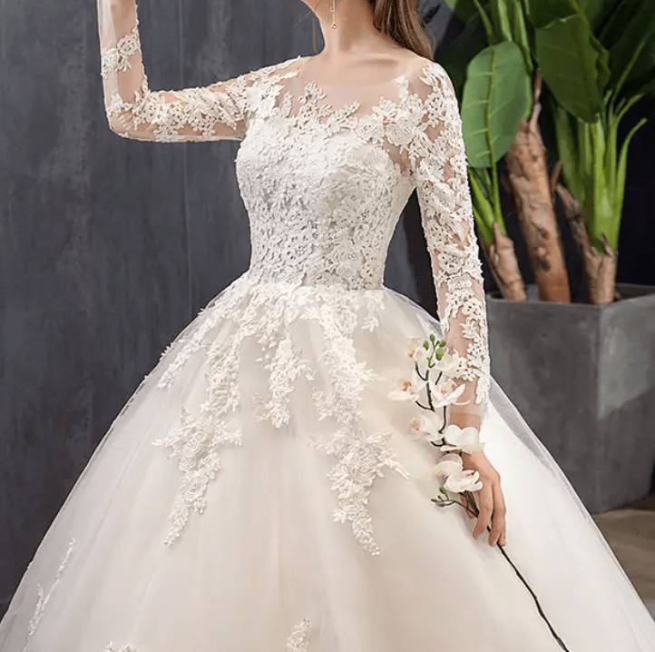 Long Sleeve Mesh Cathedral Train Wedding Dress - Mura Boutique