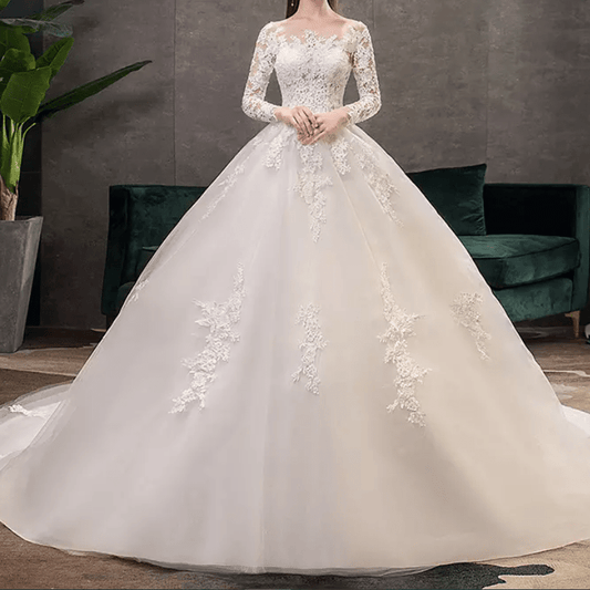 Long Sleeve Mesh Cathedral Train Wedding Dress - Mura Boutique